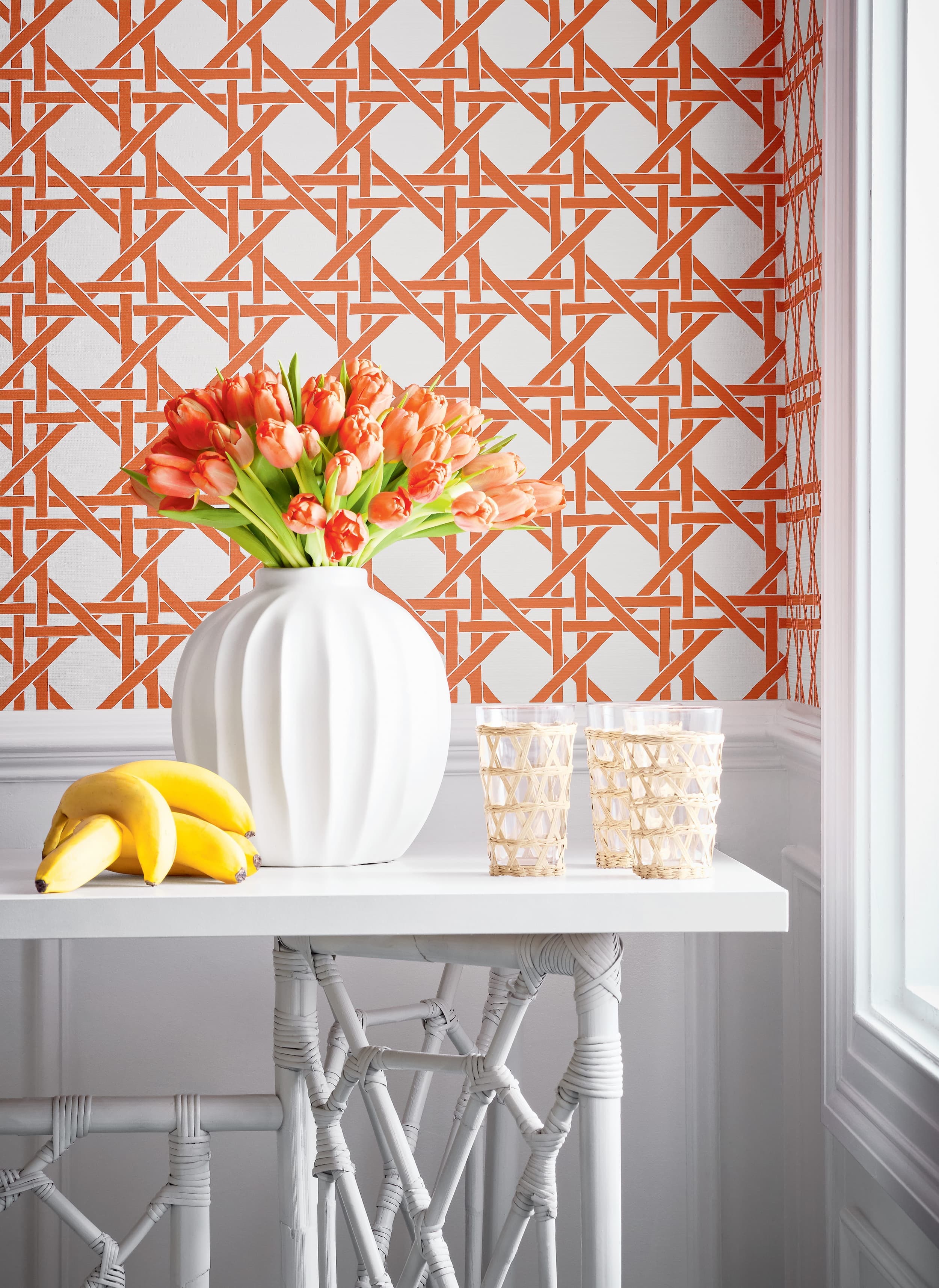Canary Trellis wallpaper detail in coral