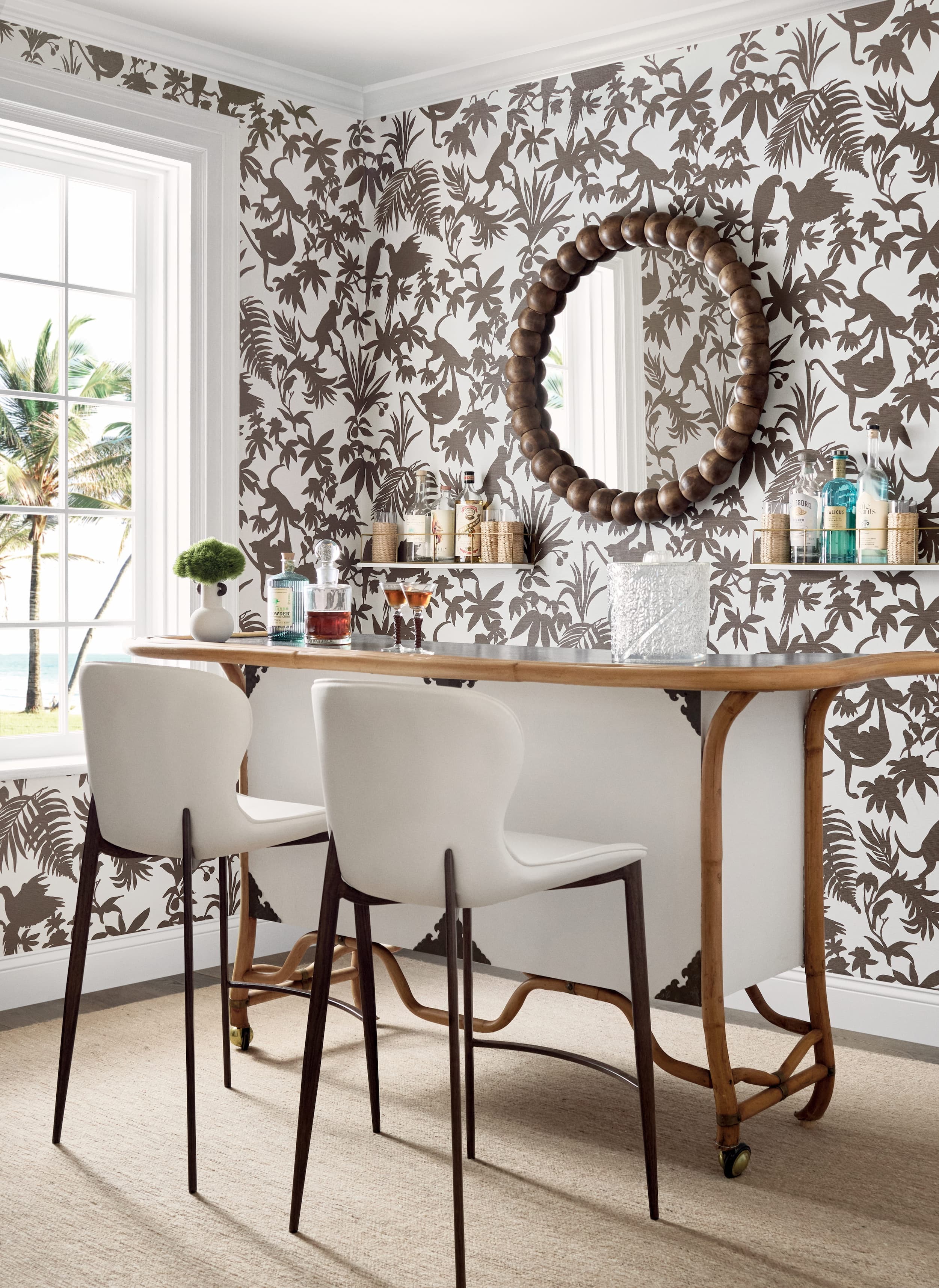 St Kitts wallpaper in brown — jungle silhouette bar setting