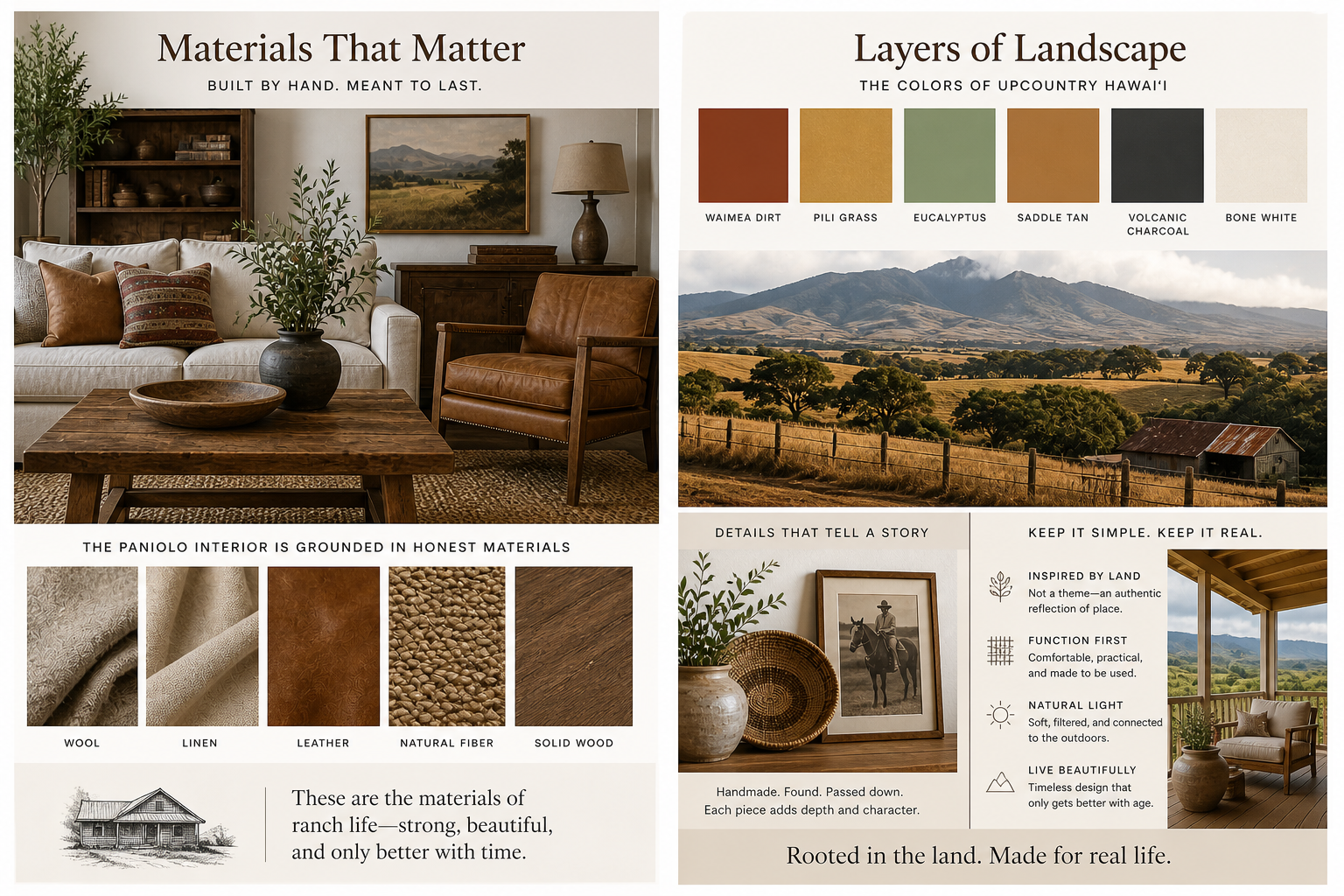Materials that matter — wool, linen, leather, natural fiber, solid wood alongside Upcountry Hawaiʻi landscape