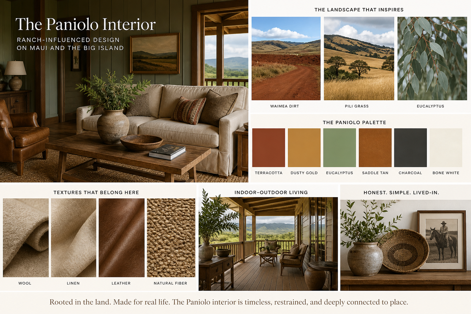 The Paniolo Interior moodboard — living room, Waimea landscape, and full palette