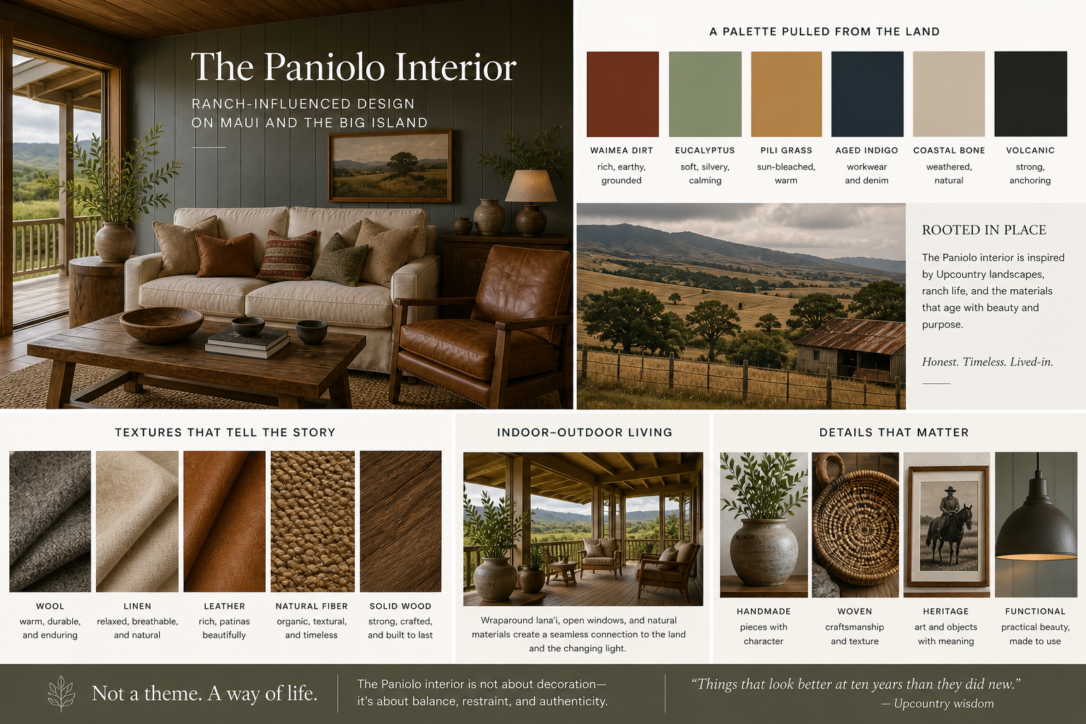 The Paniolo Interior — palette pulled from the land, indoor-outdoor living, and details that matter